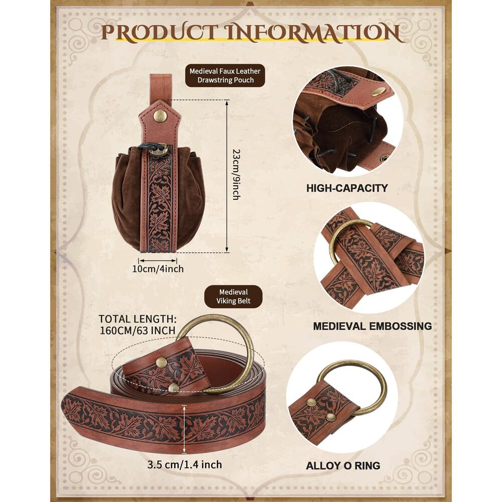 7918 2 Pcs Medieval Viking Belt Renaissance Pouch Medieval View 2